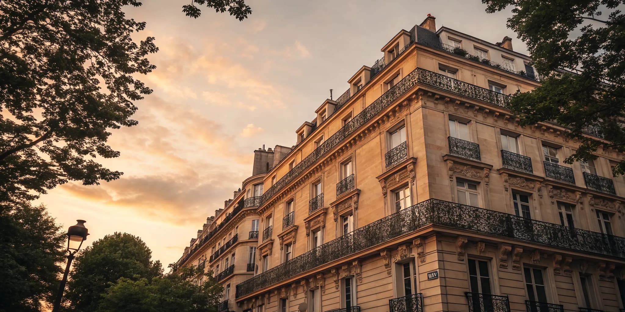 A Haussmann facade under a golden-hour sky