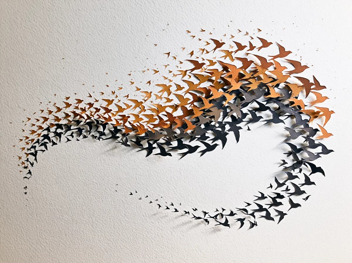 A paper-cut murmuration — hundreds of birds forming one organism.
