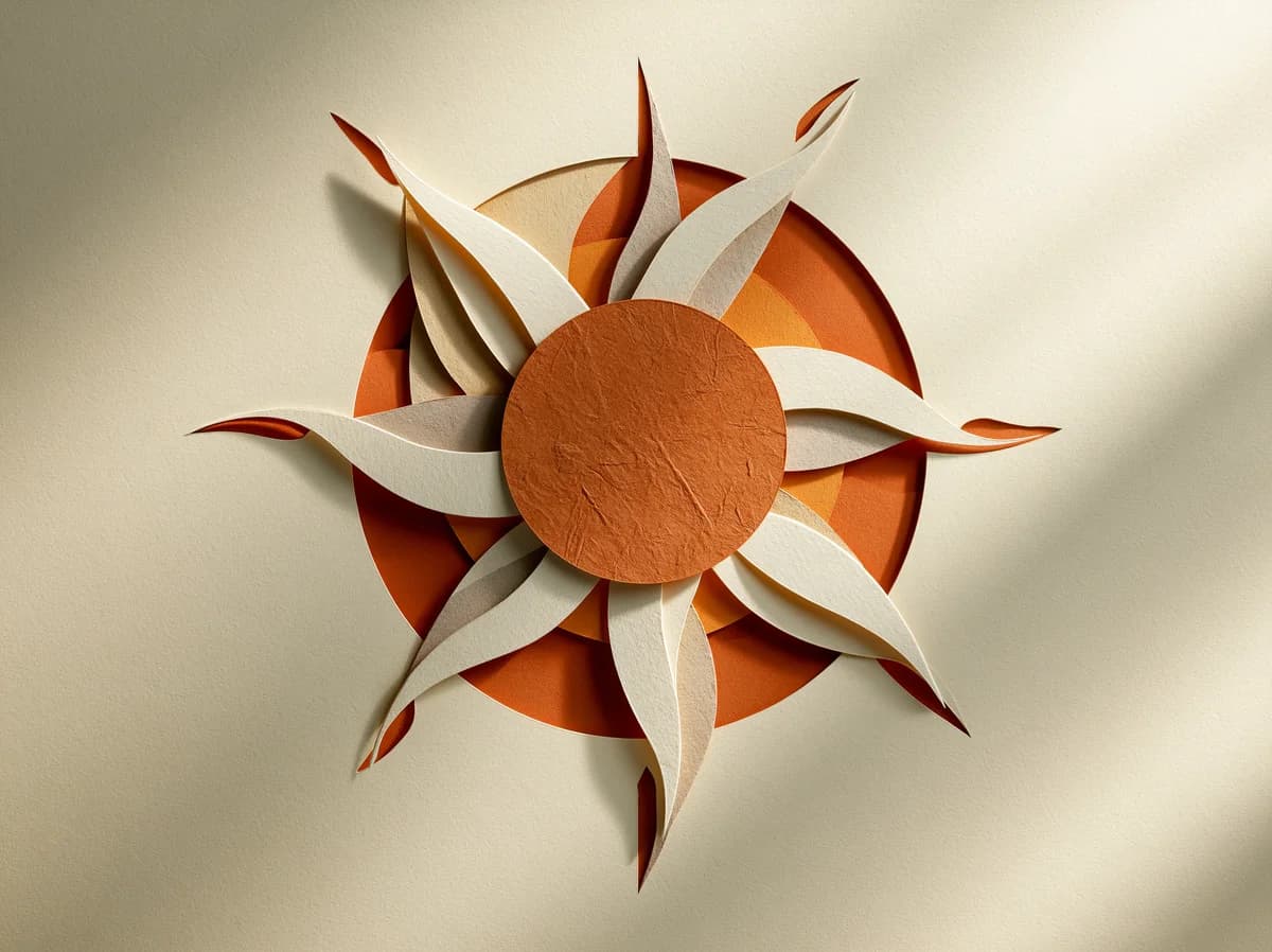 A paper-cut sun — a dense sienna core radiating outward: the mandate, read against everything around it.