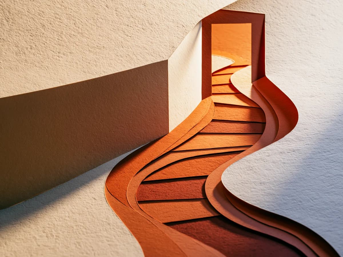 A layered paper path crosses a doorway cut into an ivory wall and continues beyond it, toward the light.